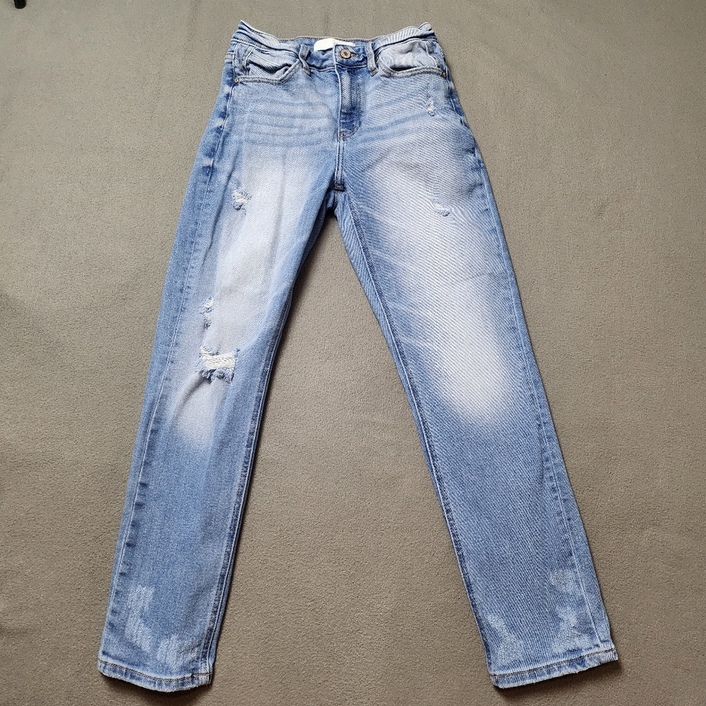 KanCan Distressed High Rise Jeans Straight Leg Frayed Ripped Stretch Sz 26